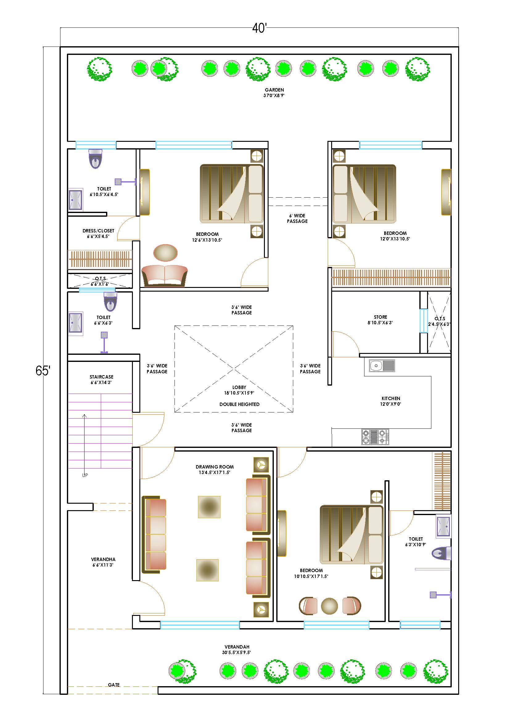 Residential House Plan for 40'x65' Plot- CAD Layout